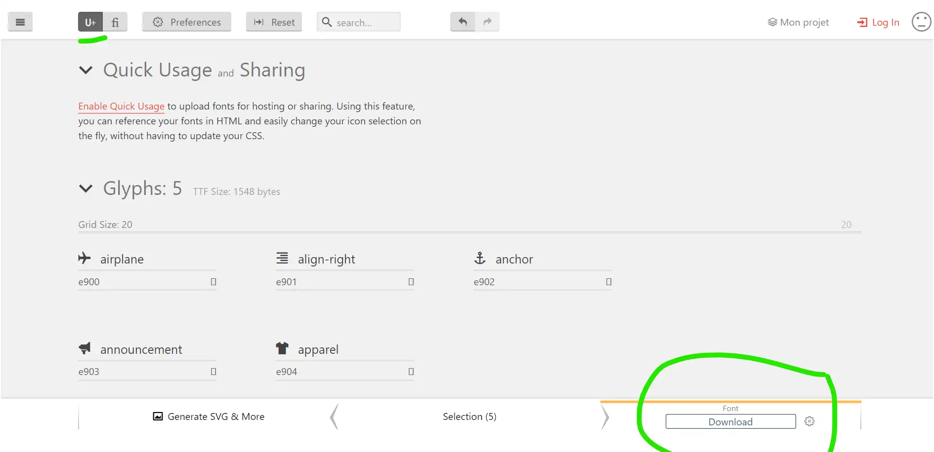icomoon generate font, puis download
