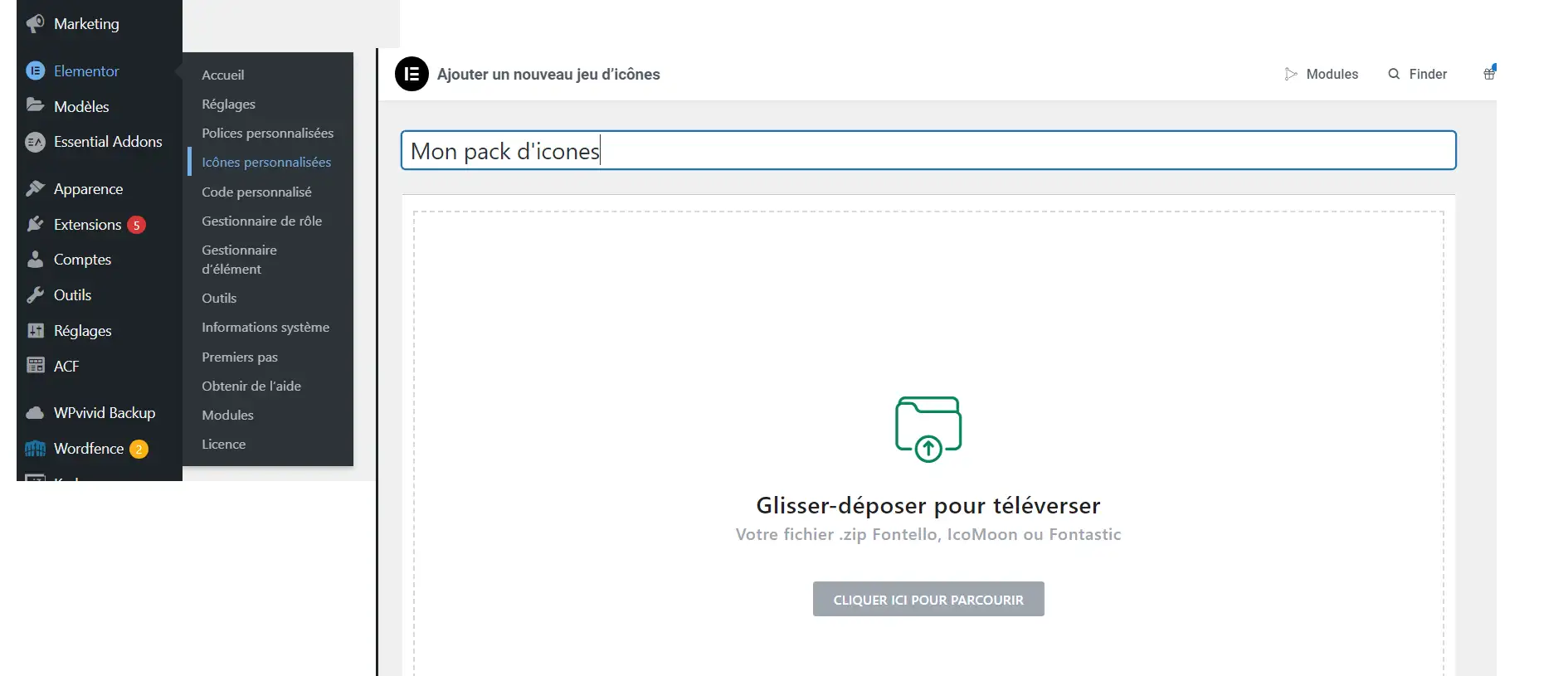 Ajouter le pack d'icones personnalisées sur Elementor Pro