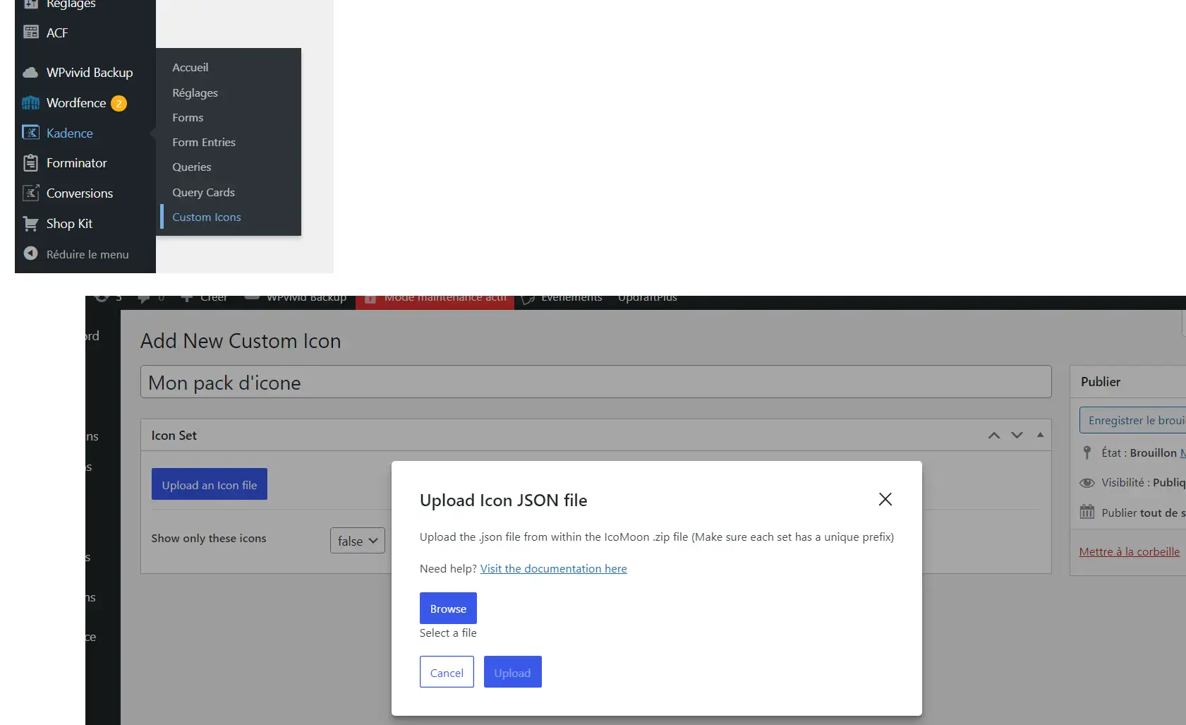 Ajouter le pack d'icones personnalisées sur Kadence Bundle