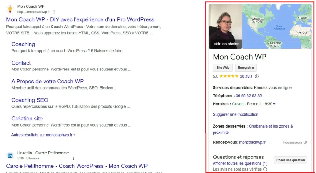 Rendu fiche Google My Business de Mon Coach Wp