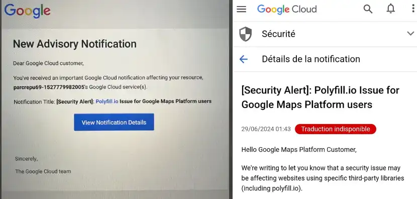 Exemple de message Google concernant polyfill.io